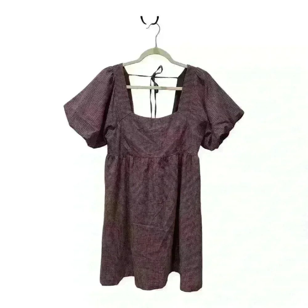 Hem & Thread Purple Plaid Dress with Puff Sleeve